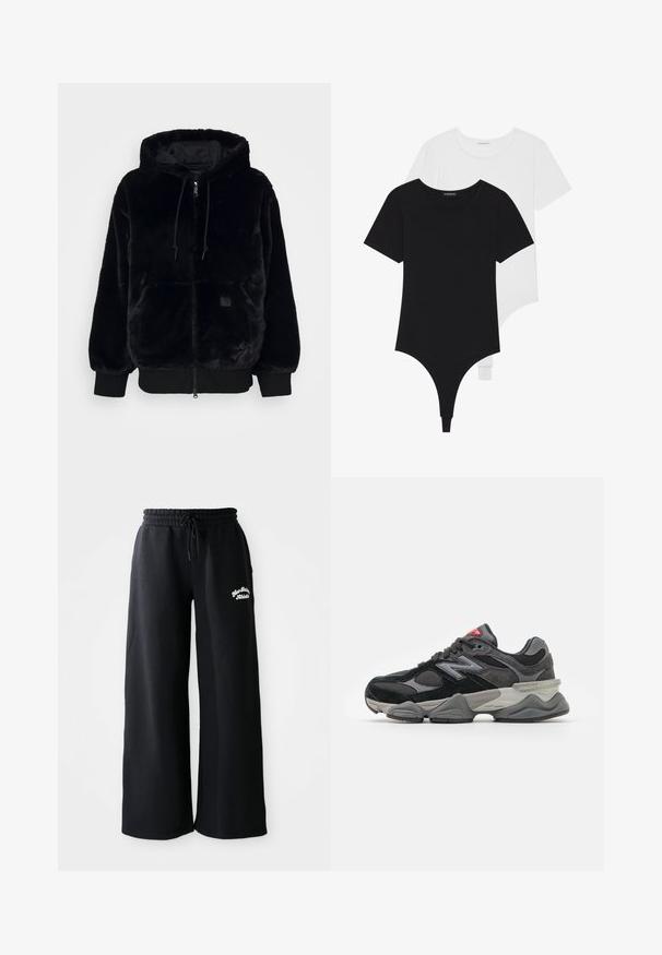 Schwarze Kunstpelz-Hoodie-Jacke mit Reißverschluss vorne, elastischen Bündchen und einer Fronttasche. Verfügt über ein glänzendes Innenfutter und einen Zugbandakzent.; Schwarz-weiße kurzärmelige Bodysuits mit Rundhalsausschnitten und Tanga-Style, aus glattem, dehnbarem Stoff gefertigt.; Schwarze, weite Sweatpants mit einem Kordelzugbund. Merkmale sind gestickte Texte auf der linken Seite, gefertigt aus weichem Baumwoll-Materialmix.; Schwarzer und grauer Sneaker mit einer Kombination aus Wildleder und Mesh-Materialien, dicker Sohle, ausgeprägtem Logo und roten Akzenten an der Zunge.