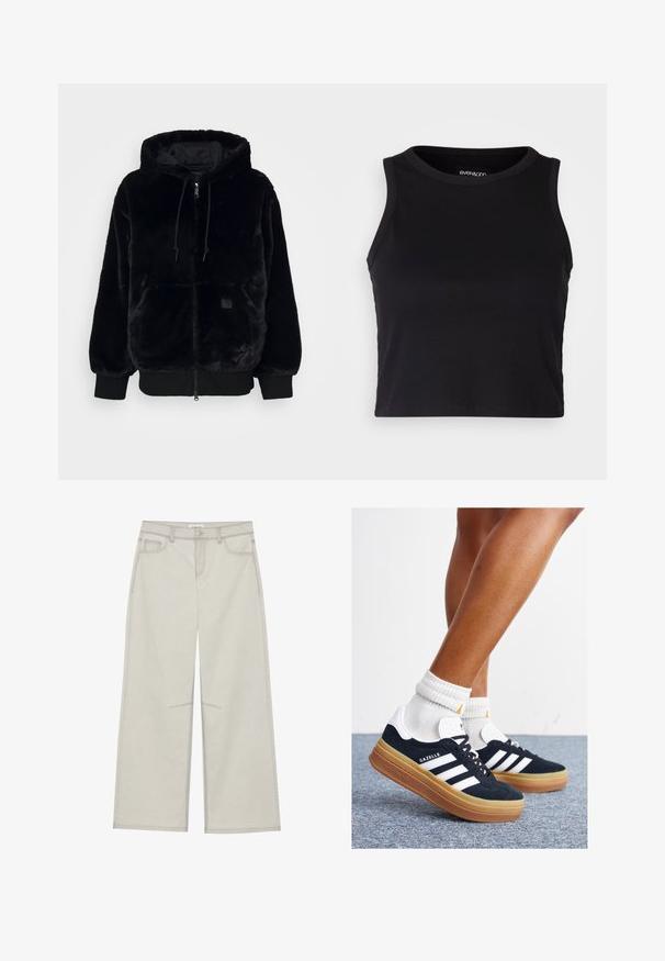 Giacca con cappuccio in pelliccia sintetica nera, con zip frontale, polsini elasticizzati e tasca davanti. Presenta un rivestimento interno lucido e un accento con cordino.; Top corto a costine nero con scollatura rotonda e design senza maniche. Realizzato in tessuto morbido ed elastico, presenta bordi rifiniti con cura.; Pantaloni a gamba larga grigio chiaro con cinque tasche, chiusura frontale con bottone e cuciture a contrasto lungo le cuciture. Il tessuto appare morbido e resistente.; Sneakers in pelle scamosciata nera con strisce e dettagli bianchi, punta arrotondata, suola in gomma color gomme, abbinate a calzini bianchi a coste alla caviglia.