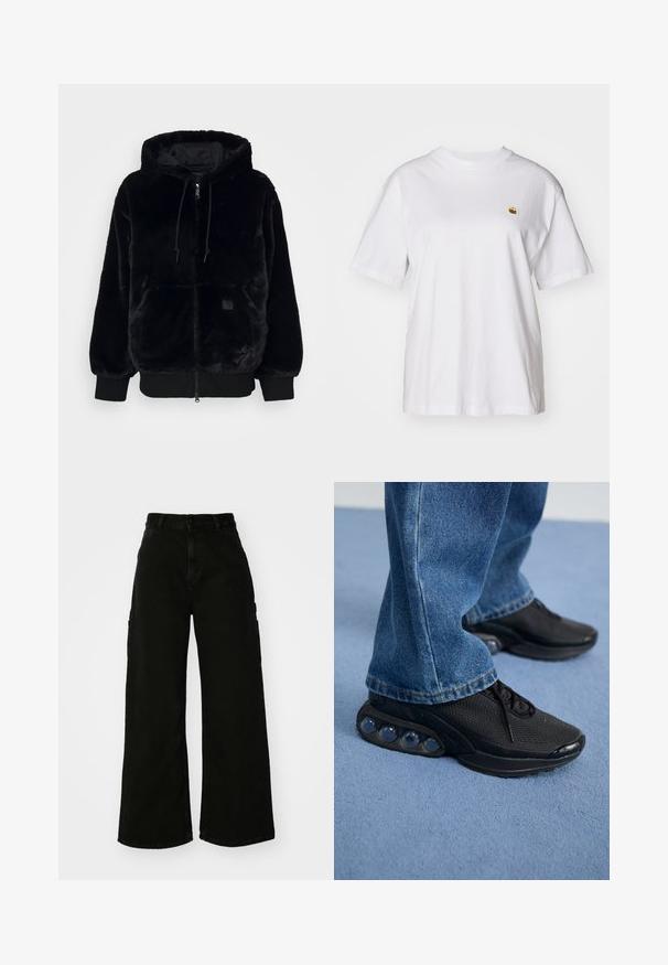 Svart fuskepelsjakke med hette, glidelås foran, elastiske ermer og frontlomme. Har en blank innerforing og snoraccent.; Hvit bomulls t-skjorte med avslappet passform, korte ermer og en liten brodert logo på venstre brystområde.; Svart vide ben cargo bukser laget av denim, med høy midje, front knappestenging og sidelommer. Glatt tekstur med minimal søm.; Svart treningssko med mesh-overdel, teksturerte detaljer og synlige luftputepoder i sålen. Bærer med blå denimjeans.