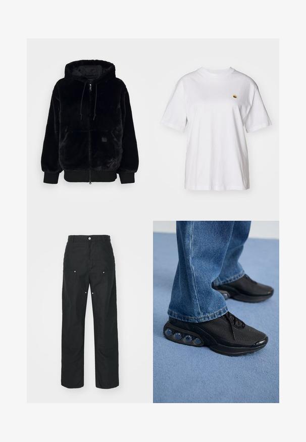 Black faux fur hooded jacket with a zip front, elastic cuffs, and a front pocket. Features a glossy inner lining and drawstring accent.; White cotton t-shirt with a relaxed fit, short sleeves, and a small embroidered logo on the left chest area.; Black trousers with a straight-leg design, made of a textured fabric. Features decorative silver hardware and unique seam detailing.; Black athletic sneakers with mesh upper, textured accents, and visible air cushioning pods in the sole. Worn with blue denim jeans.