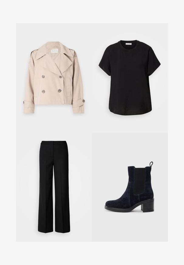 Beige zkrácený trench coat s dvojitým zapínáním na knoflíky, širokými klopami a ohrnutými manžetami. Hladká textura, minimalistický design.; Černé tričko s krátkým rukávem a kulatým výstřihem. Vyrobeno z lehké tkaniny, má volný střih a rovný spodní lem.; Černé kalhoty s širokými nohavicemi z hladkého materiálu, s vysokým pasem, tailorovými švy a minimalistickým designem. Žádné viditelné kovové prvky ani kapsy.; Námorně modré semišové kotníkové boty s elastickým bočním panelem, kulatou špičkou a blokovým podpatkem. Texturovaná tkanina a hladká podrážka vytvářejí kontrast.
