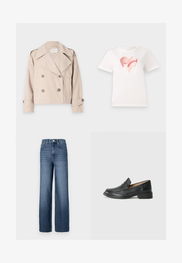 Beige lühendatud trench jope kaheinimese nööbiga, laiad kraed ja üles keeratud varrukad. Sile tekstuur, minimalistlik disain.; Valge puuvillane T-särk, millel on südame graafika roosa ja koralli varjundites, mille keskel on keerduvad abstraktsed mustrid. Lühikesed varrukad, ümmargune kaelus.; Sinine teksariie kõrge vöökohaga ja laia sääre lõikega. Omab klassikalist viie tasku disaini ja metallnuppude detaile.; Mustad musta nahast loafer madala kontsaga, millel on õmblustega disain ja slip-on stiil, valge tausta taustal.