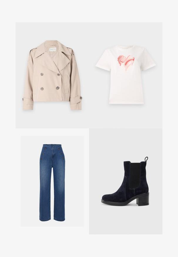 Beige cropped trench coat with double-breasted button closure, wide lapels, and rolled cuffs. Smooth texture, minimalistic design.; White cotton t-shirt featuring a heart graphic in shades of pink and coral, with swirling abstract patterns at the center. Short sleeves, crew neck.; High-waisted denim jeans in medium blue. Features front button accents and wide-leg design. Fabric has a smooth texture with slight fading.; Navy blue suede ankle boot with elastic side panel, rounded toe, and block heel. Textured fabric and smooth sole add contrast.