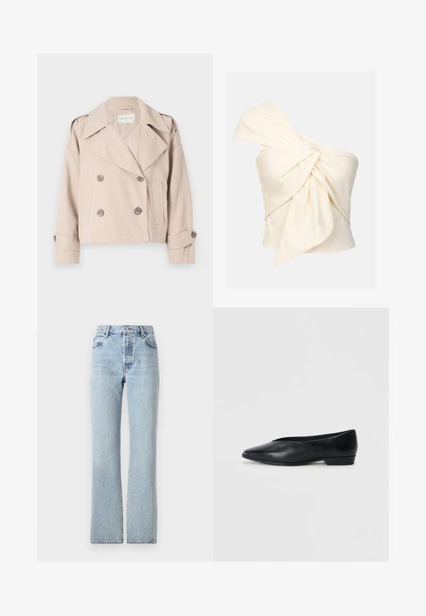 Beige kort trenchcoat med dobbeltbrystet knappelukking, brede revers og rullede mansjetter. Glatt tekstur, minimalistisk design.; En-skulder krem topp laget av glatt stoff, med en stor vridd knute detalj foran og en tettsittende passform.; Lys blå denimjeans med høy midje, rette ben, klassisk fem-lommers design og subtil falming gjennom hele.; Sorte skinn flate sko med spiss tå, lett hevet hæl og glatt overflate. Enkelt design uten synlig hardware eller mønstre.