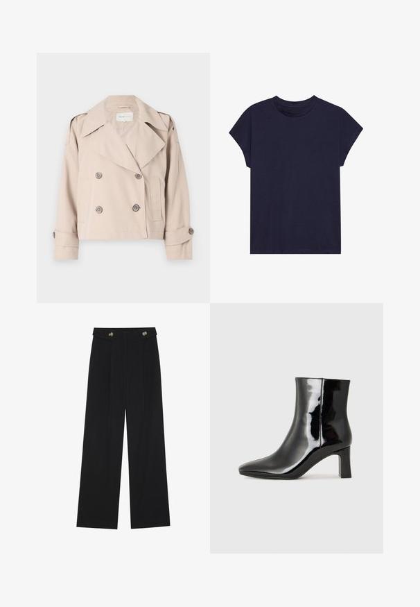 Beige kort trenchcoat med dobbeltbrystet knappelukking, brede revers og rullede mansjetter. Glatt tekstur, minimalistisk design.; Marineblå bomulls T-skjorte med rund hals og korte ermer, med en avslappet passform og glatt tekstur. Ingen mønstre eller detaljer.; Svart vide bukser med høy midje, knappdetaljer på midjebåndet og frontplisser.; Sorte patentlær ankle boot med spiss tå og en mellomhøy blokkhelt. Glatt tekstur og minimalistisk design.