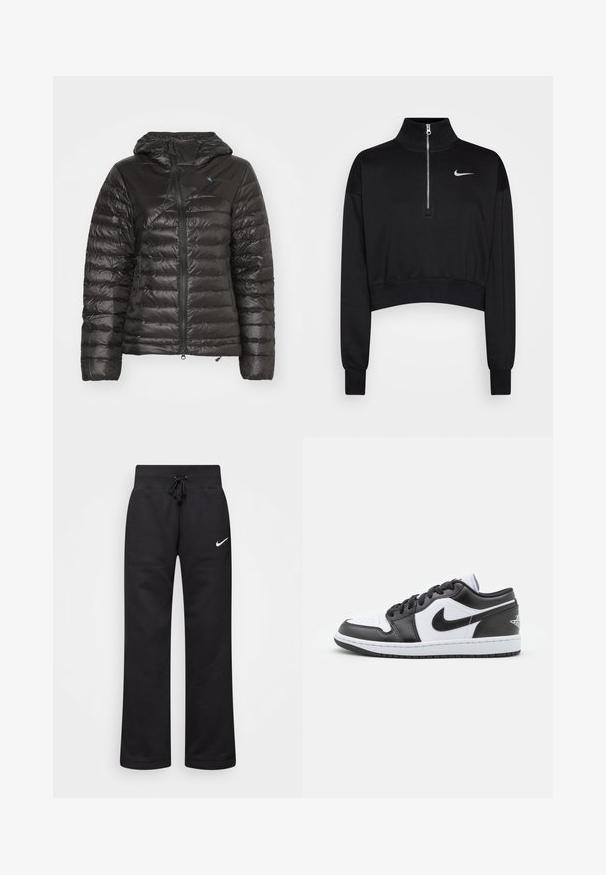 Mustern must be with a hood, featuring a quilted design, horizontal baffles, and a zippered front. Made of lightweight, glossy material.; Must mustraga tuunik, millel on kõrge kaelus, pool-kratiga lukuga sulgemine, soonikkoes varrukad ning väike valge Nike logo vasakul rinnal. Pehme kangatunne.; Mustad puuvillasegistusega mustad dressipüksid, millel on paelaga vöökoht, sirged jalad ja vasakul küljel valge Nike logo.; Mustvalged mustade ja valgete Nike madala profiiliga teniseketsid, millel on sile nahast ülemine osa, ümar varvas, paeltega kinnitamine ja mustriline kummist välistald.