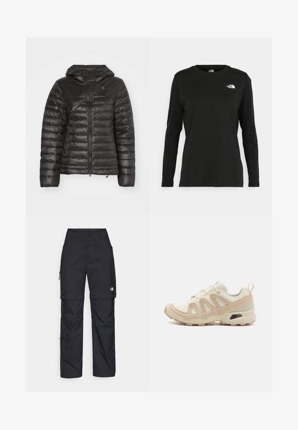 Melnā pūkaina jaka ar kapuci, ar kvadrātveida šuvēm, horizontālām bumbām un ar rāvējslēdzēju priekšpusē. Izgatavota no viegla, spīdīga materiāla.; Melnas garām piedurknēm T-krekls, izgatavots no kokvilnas ar apaļu kaklu. Tam ir mazs balts logo kreisajā krūtīs. Vienkāršs dizains un piegulums.; Melni nailona bikses ar noņemamām kājām, regulējamiem uzmavām, vairākām kabatām un logotipu uz labās kājas. Gluda, viegla tekstūra.; Beige un krēma sporta apavi ar strukturētu tīkla virsmu, atbalstošajiem slāņiem un gumijas zoli ar protektoru rakstu, kas nodrošina saķeri.