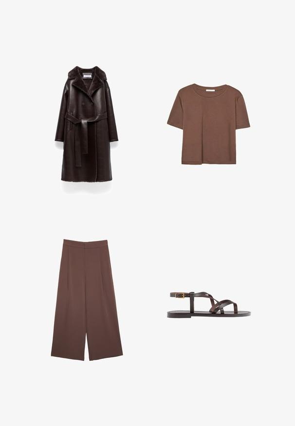 Bruin leren dubbele-breasted jas met een nep bont kraag, ceintuur in de taille en lange mouwen. Heeft een textuurafwerking en een rechte snit.; Korte mouwen T-shirt in bruin, gemaakt van een zachte stof, met een ronde halslijn en een relaxte pasvorm. Geen zichtbare patronen of accenten.; Bruine wijde broek met een gladde textuur, voorzien van een hoge taille en plooien aan de voorkant. De stof is lichtgewicht en valt losjes.; Bruine leren sandaal met kruisingen van banden, een enkelgesp-sluiting en een platte zool met minimale stikdetails.