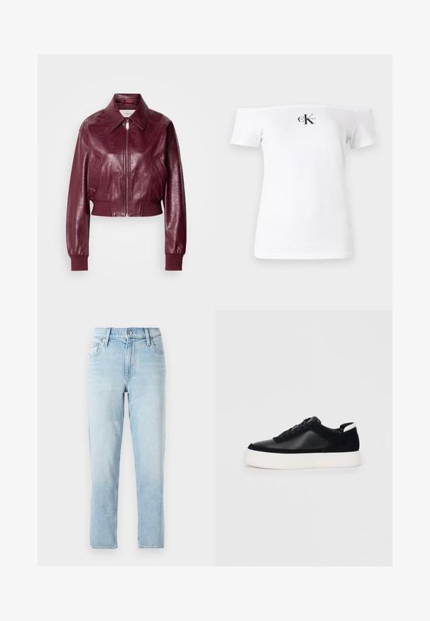 Calvin Klein Jeans CROPPED CRINKLE - Pilotska jakna - deep rouge; Bijela majica bez naramenica, kratki rukavi, izrađena od pamuka, s crnim "CK" logotipom i natpisom otisnutim sprijeda. Glatka tekstura.; Svijetloplave traperice, ravnog kroja, srednjeg struka, s pet džepova i dugmetom na prednjem dijelu.; Crne tenisice s glatkom kožom i panelima od antilopa, ravne vezice, zaobljenim vrhom i bijelim gumeni potplat. Izraziti logo na peti.