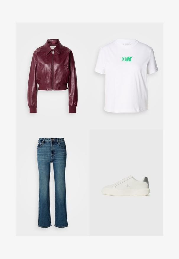 Calvin Klein Jeans CROPPED CRINKLE - Pilotska jakna - deep rouge; Bijela pamučna majica s okruglim izrezom i kratkim rukavima, s zelenim Calvin Klein logotipom sprijeda. Klasičan, ravno krojen dizajn.; Traperice viskog struka u plavoj boji, s ravnim nogavicama, blagim izbljeđivanjem, te standardnim dugmetom i zatvaračem.; Bijela tenisica od kože s glatkom teksturom, koja ima srebrni naglasak na peti, ravni đon i minimalistički dizajn.