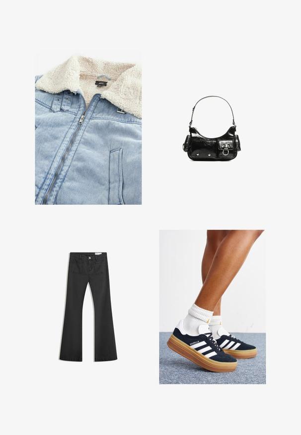 Traper jakna s ovratnikom obloženim sherpa materijalom, svijetloplave boje, s prednjim zatvaračem i detaljima džepova. Oznaka vidljiva unutar područja ovratnika.; Tamno plavi pulover s V-izrezom, dugim rukavima, rebrastim manžetama i rubom. Izrađen od mekog pletenog materijala, sa opuštenim krojem i minimalnim dizajnom.; Crne široke traperice od denima s glatkom teksturom, s dva stražnja džepa i kopčanjem na dugme u struku.; Crne tenisice od brušene kože s bijelim prugama i detaljima, okruglim vrhom, gumeni potplat boje gume, uparene s bijelim rebrastim čarapama.; Crna patentna kožna torba s zakrivljenim oblikom, jednim remenom za rame, prednjim džepovima i akcentima od srebrnog tona.