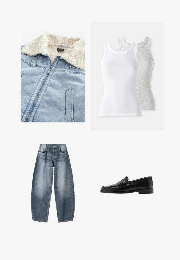 Džínová bunda s límcem podšitým sherpa, světle modré barvy, s předním zipem a detaily kapes. Štítek viditelný uvnitř oblasti límce.; Dvě tílka bez rukávů: jedno bílé, s ribrovou strukturou, a jedno světle šedé se subtilním melírovaným vzorem. Obě mají kulaté výstřihy.; Džínsy s širokými nohavicemi vyrobené z světle modrého denimového materiálu s vybledlým vzhledem, s pěti kapsami, zapínáním na knoflík a minimálními stehy.; Černé kožené mokasíny s prohnutým siluetam, dekoračním páskem, texturovaným prošíváním a plochou gumovou podrážkou. Hladký povrch a elegantní design.