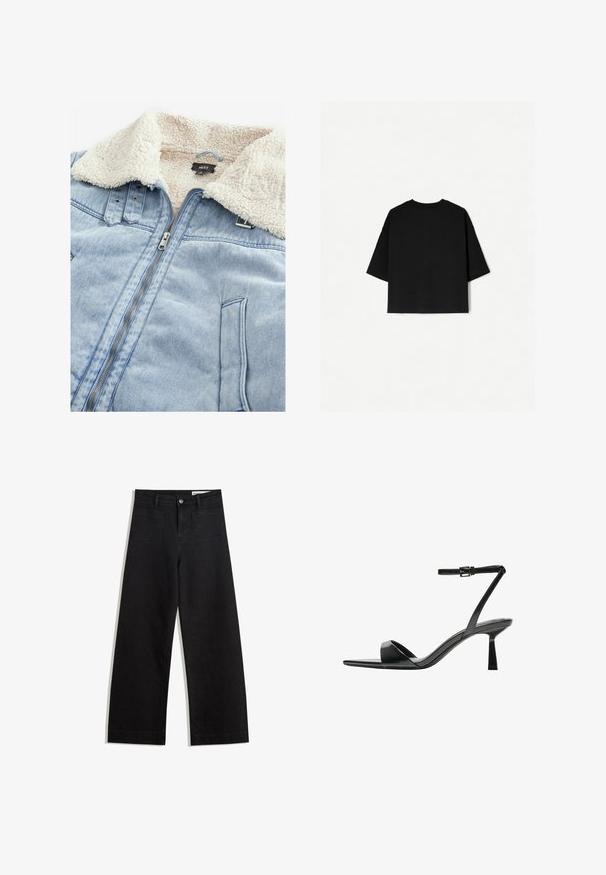 Giubbotto di jeans con colletto foderato in sherpa, colore azzurro chiaro, zip frontale e dettagli sulle tasche. Etichetta visibile all'interno della zona del colletto.; T-shirt nera oversize con maniche corte, scollo rotondo e orlo dritto. Realizzata in cotone morbido con una texture liscia. Vista posteriore solamente.; Pantaloni in denim neri a gamba larga con vita alta, dotati di tasche anteriori e posteriori, cuciture a punto, e chiusura con bottone. Texture liscia.; Bershka Sandali con tacco - black