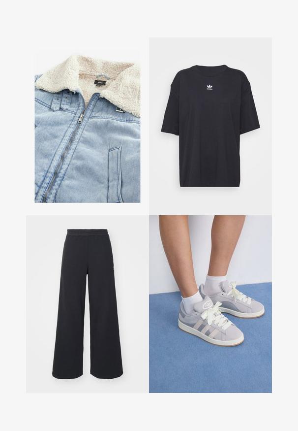 Džinsa jaka ar šerpas oderi ap kaklu, gaiši zila krāsa, priekšējais rāvējslēdzis un kabatu detaļas. Etiķete redzama iekšpusē kakla zonā.; Melna kokvilnas t-kreklā ar īsām piedurknēm un apaļu kakla izgriezumu, uz krūtīm ir balta Adidas logo. Vienkāršs dizains, brīvs piegriezums.; Melni platās svārku bikses, izgatavotas no mīksta auduma, ar elastīgu jostas daļu un mazu logotipu kreisajā pusē.; Pelēki zamša sporta apavi ar baltām šņorēm un gumijas zoli, ar trim diagonālām svītrām sānos un logotipa uzšuvi uz mēles.