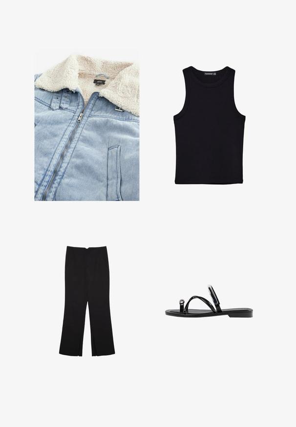 Denimjakke med en sherpa-føret krave, lys blå farve, frontlynt med lynlås og lommedetaljer. Mærke synligt i kraveområdet.; Sort tank top lavet af bomuld, med rund halsudskæring og brede armhuller. Glat tekstur med syede kanter. Klassisk, minimalistisk design.; Sorte bukser med lige pasform, der har frontlommer og slidser i kanten. Lavet af blødt, glat stof. Velegnet til forskellige anledninger.; Sorte flade sandaler med en blank finish, tre tynde stropper og en cirkulær hardwaredetalje ved tæerne. Slankt design med en minimal hæl.