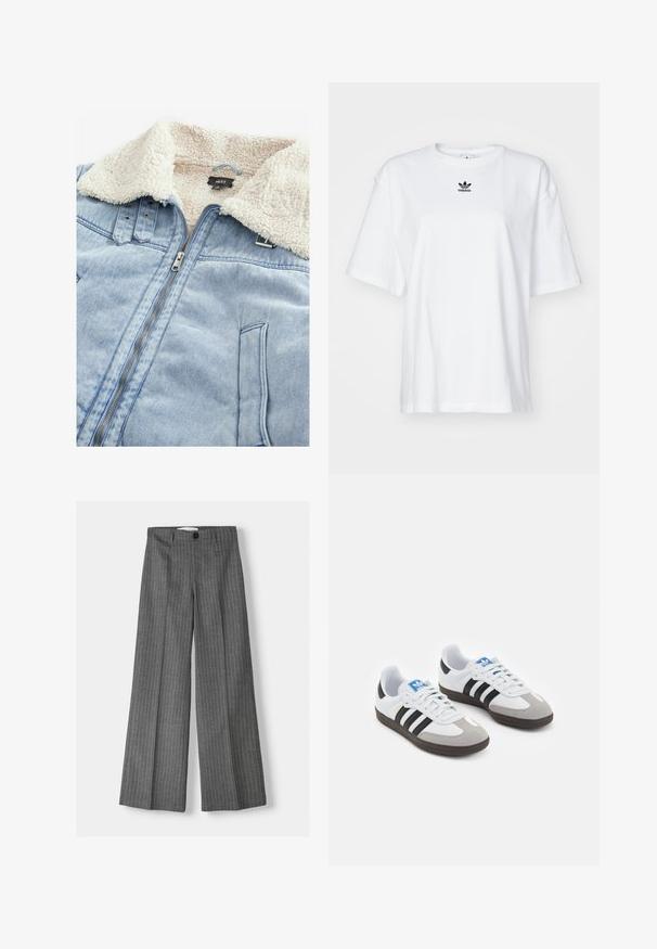 Jeansjack met een sherpa-gebufferde kraag, lichtblauwe kleur, voorrits en zakdetails. Etiket zichtbaar in het kraaggebied.; Witte korte mouwen t-shirt van katoen. Voorzien van een ronde hals en een klein zwart Adidas-logo op de borst. Rechthoekige zoom.; Grijze wijde broek met een streepjespatroon, voorzien van een knoopsluiting en twee voorkleppen. Gemaakt van gestructureerde stof.; Sportschoenen met een witte leren bovenkant, grijze suède neus en drie zwarte strepen. Bevat een blauw logo op de tong en een gestructureerde rubberen zool.