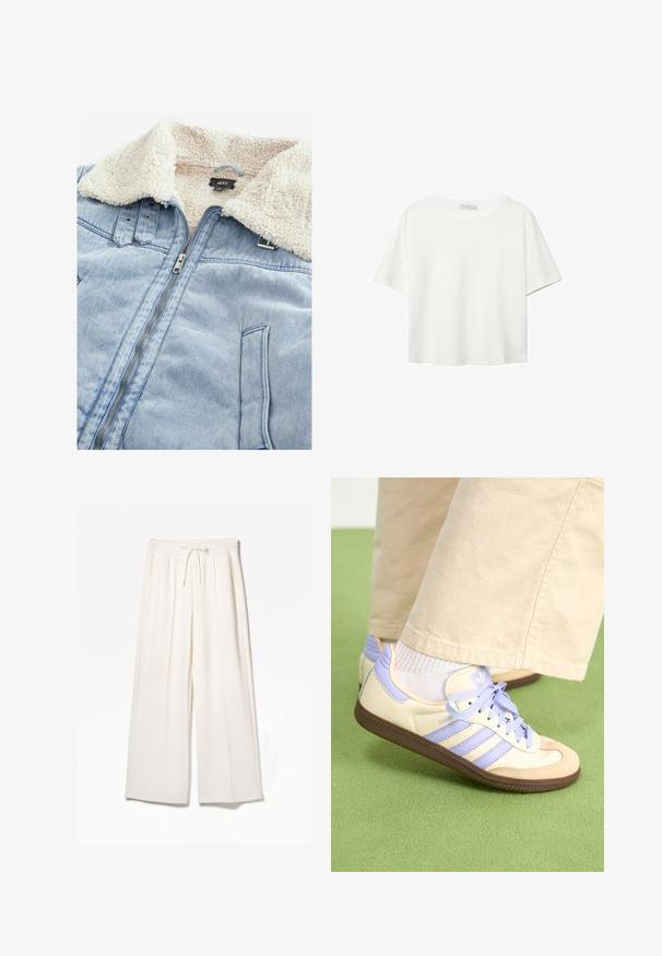 Dżinsowa kurtka z kołnierzem wyłożonym sherpa, jasnoniebieski kolor, zamek błyskawiczny z przodu i szczegóły kieszeni. Metka widoczna w okolicy kołnierza.; Biała koszulka z krótkim rękawem, wykonana z bawełny. Posiada okrągły dekolt i luźny krój. Gładka faktura bez widocznych wzorów czy akcentów.; Białe szerokie spodnie z lekkiego materiału, z elastycznym paskiem, sznurkiem i bocznymi kieszeniami, bez widocznych wzorów.; Kremowe i lawendowe trampki z trzema paskami oraz teksturowaną brązową podeszwą, wyposażone w sznurówki i wyścieloną piętę. Górna część z miękkiego materiału.