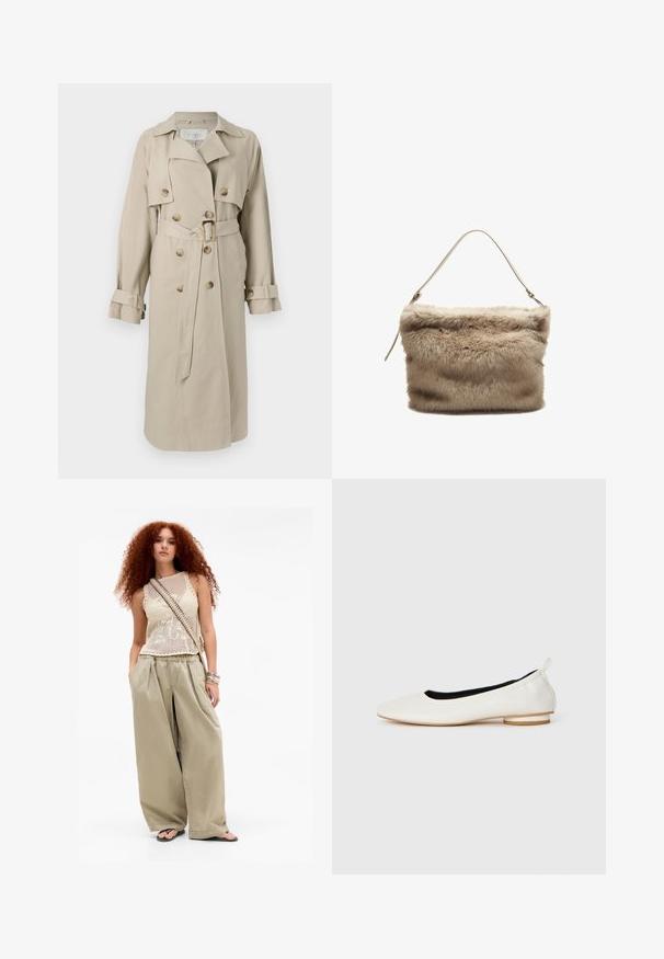 Trench beige in tessuto leggero, con bottoni doppiopetto, vita con cintura e polsini risvoltati.; Maglietta a maniche lunghe, colletto rotondo, di colore crema realizzata in tessuto morbido. Presenta una linea diritta e un design minimalista senza decorazioni.; Giovane donna con lunghi capelli ricci rossi che indossa un top senza maniche beige in maglia, pantaloni larghi color khaki, ciabatte, borsa a tracolla e braccialetti.; Ballerina bianca in pelle con punta arrotondata, tacco basso impilato, rivestimento interno nero e passante sul tallone, mostrata in profilo laterale su sfondo bianco.; Borsa in pelliccia sintetica di un beige chiaro con una superficie morbida e testurizzata. Presenta una sola tracolla sottile e una forma rettangolare con un bordo superiore voluttuoso.