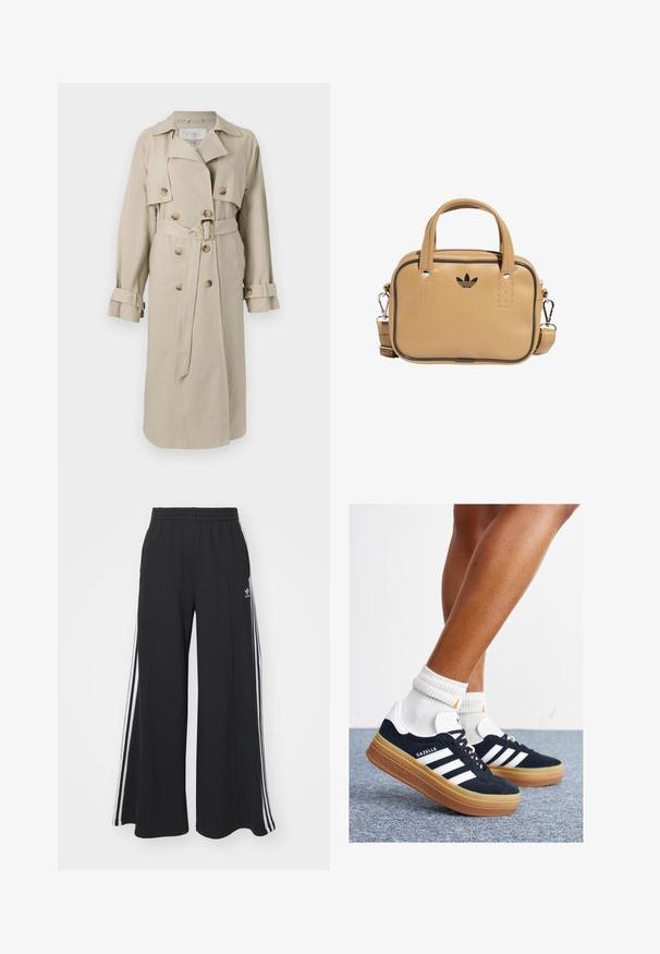 Béžový trenčkot z lehké látky, s dvouřadým zapínáním na knoflíky, páskem v pase a manžetami na rukávech.; Bílý bavlněný tričko s krátkým rukávem, se zaobleným grafickým logem v zelené a žluté barvě, které zobrazuje "Adidas Originals" a designy ovoce.; Černé pohodlné tepláky širokého střihu s elastickým pasem, na boční straně s bílými pruhy a vyšitým logem na levé stehně.; Černé semišové tenisky s bílými pruhy a detaily, zaoblenou špičkou, podrážkou z gumy barvy žvýkačky, doplněné bílými žebrovanými ponožkami ke kotníkům.; Hnědá veganská kožená taška se dvěma řemínky, odnímatelným ramenním popruhem, černým prošitím a malým černým logem vepředu.