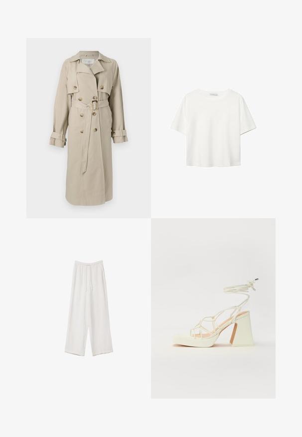 Beige trench coat in lightweight fabric, featuring double-breasted buttons, a belted waist, and cuffed sleeves.; White short-sleeve t-shirt made of cotton. Features a crew neckline and a relaxed fit. Smooth texture with no visible patterns or accents.; White wide-leg trousers made from a lightweight fabric. Features an elastic waistband with a drawstring and side pockets. Smooth texture.; White high-heeled sandal with a chunky heel, featuring a strappy design and ankle tie. Smooth texture with a platform front for added height.