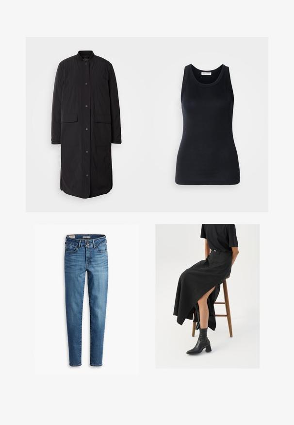 Črn dolg plašč z okroglo odprtino za vrat, sprednjimi zaklopkami, dvema žepoma in teksturirano tkanino, ki ima ravno silhueto.; Črn top brez rokavov, izdelan iz mehkega, raztegljivega materiala. Ima okrogel ovratnik in široke naramnice, s prilagojeno silhueto in gladko teksturo.; Visoko pasovi, skinny kavbojke iz svetlo modrega denima. Imajo pet žepov, sprednje zapiranje na gumb in klasične šiveščine po celotni dolžini.; Črna lanena maxi krilo z visokim razporkom, oblečeno s črno majico in črnimi gležnjarji. Minimalističen dizajn z udobnim krojem.