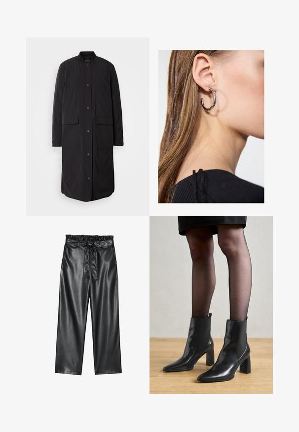 Palton lung negru cu guler rotund, închidere cu capse în față, două buzunare și un material texturat, având o siluetă dreaptă.; Top negru fără mâneci, fabricat dintr-un material moale și elastic. Are un decolteu rotund și bretele late, cu o siluetă ajustată și o textură fină.; Pantaloni largi din piele ecologică negri, cu un talie elastică, cu volane, și un curea detasabilă. Textură netedă și luciu minim.; Botine negre din piele, cu vârful ascuțit, toc pătrat masiv și un design elegant. Au panouri laterale elastice pentru o îmbrăcare ușoară.; Cercel din argint cu un finisaj polișat, având detalii mici din aur și o formă rotundă, purtat pe lobul urechii.
