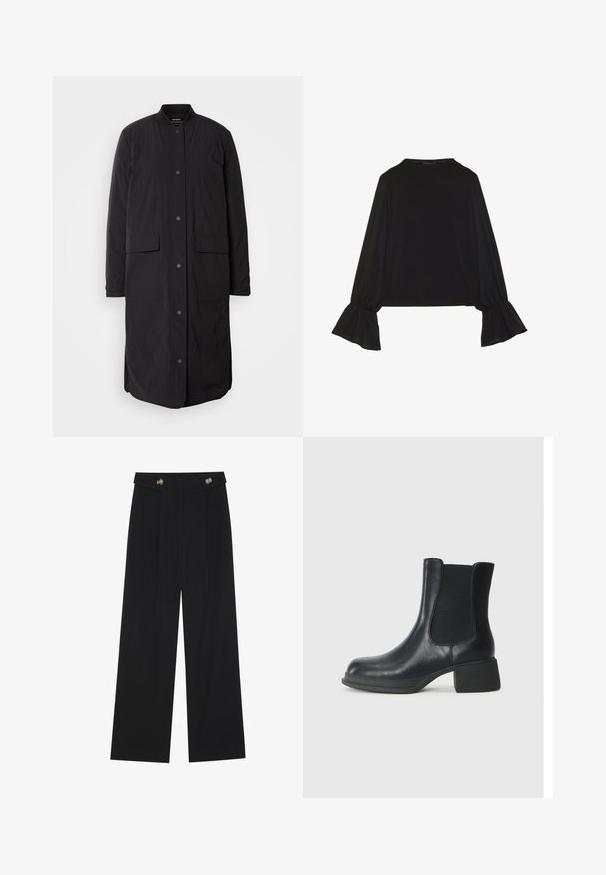 Cappotto lungo nero con scollatura rotonda, bottoni a pressione frontali, due tasche e un tessuto testurizzato, caratterizzato da una silhouette dritta.; Maglietta nera a maniche lunghe con polsini svasati, texture morbida e vestibilità rilassata, con un semplice collo rotondo.; Pantaloni neri a gamba larga con vita alta, dettagli con bottoni in vita e pieghe frontali.; Stivaletto in pelle nera con pannelli laterali elasticizzati, punta arrotondata e tacco basso a blocco. La superficie ha una texture liscia e un design minimale.