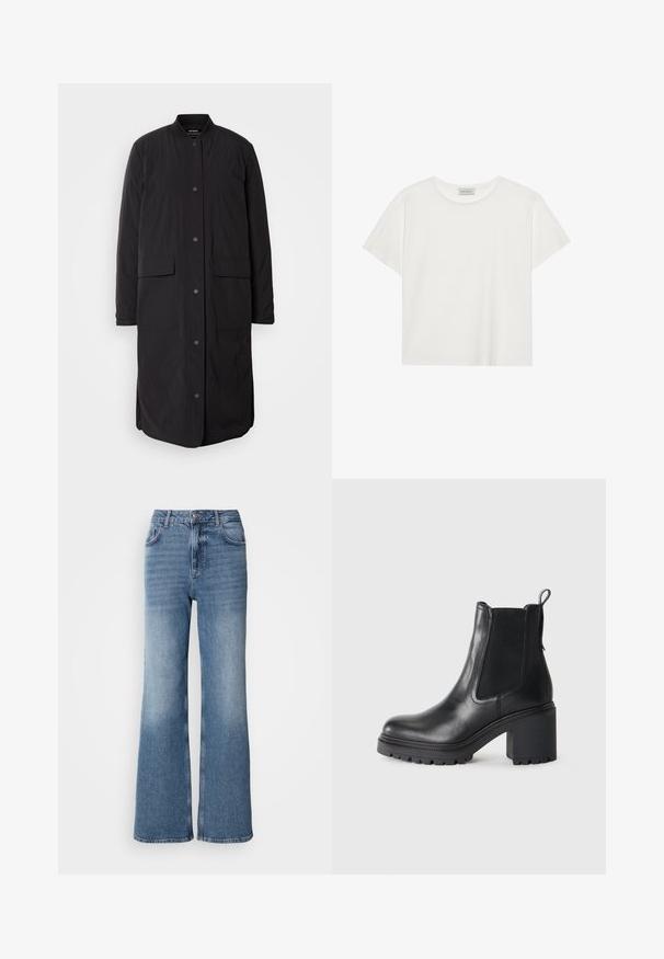 Melnas garās mēteļa ar apaļu apkakli, priekšā ar spiedpogu aizdari, divām kabatām un strukturētu audumu, ar taisnu siluetu.; Balts īsām piedurknēm T-krekls, kas izgatavots no mīksta kokvilnas. Tam ir apaļš izgriezums un brīvs piegriezums. Tīrs dizains bez redzamām rakstiem vai akcentiem.; Mos Mosh MAI - Džinsi ar taisnām starām - blue wash; Melnas ādas potītes zābaki ar masīvu papēdi, elastīgām sānu paneļiem un vilkšanas cilpu aizmugurē. Strukturēta zole papildu saķerei.