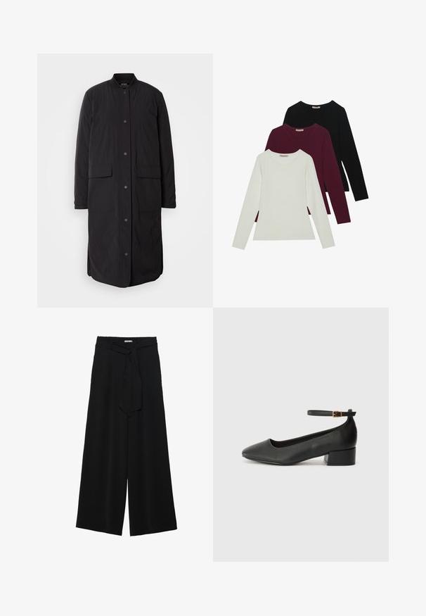 Casaco preto longo com decote redondo, botões de pressão na frente, dois bolsos e um tecido texturizado, apresentando uma silhueta reta.; T-shirts de manga longa nas cores branca, burgundy e preta. Feitos de um tecido suave com decote redondo e design ajustado. Adequados para sobreposições.; Calças largas pretas com um tecido texturizado, uma cintura elástica e um laço destacável na cintura para um ajuste ajustável.; Sandal de pele preta com bico pontiagudo e um salto bloco baixo. Apresenta uma tira no tornozelo com uma fivela em tom dourado. Textura suave.