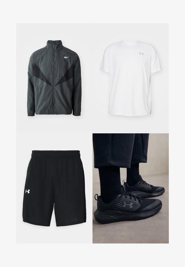 Mustriga must ja hall jakk kõrge kraega, lukuga sulgemine ja elastsete mansettidega. Omab tekstuurset kangast ja kaldus musti sisendeid esiküljel.; Valge lühikeste varrukate ja sportliku lõikega särk, millel on sile kangas. Omab ümarat kaelust ja halli logo vasakul rinnal, ning külgsuured lõhik kui lõhateel.; Mustad musta värvi sportlikud lühikesed püksid, mis on valmistatud kerge kangaga, elastse vöökoha ja valge logoga vasakul küljel.; Isik, kes kannab musti spordijalatsid, millel on tekstuurilised küljed ja logo, koos mustade sokkide ja lühikeste pükstega heledal põrandal.