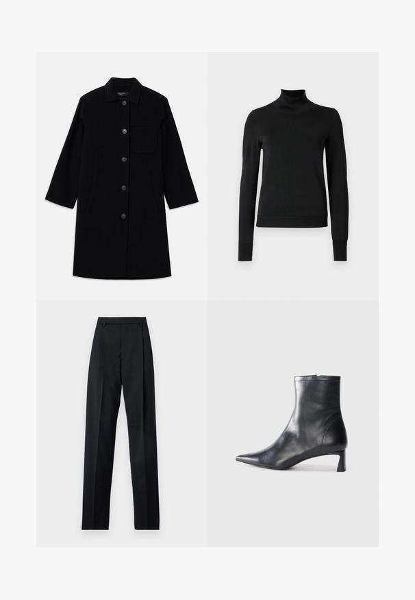 Abrigo de lana negro con corte recto, cierre de botón y un bolsillo en el pecho. Cuenta con bolsillos laterales y mangas de tres cuartos.; Suéter negro de manga larga con cuello de tortuga, con puños y dobladillo acanalados, exhibido sobre un fondo blanco liso.; Pantalones negros de tela suave con cintura alta, piernas amplias, pliegues frontales y lazos de cinturón clásicos. No hay bolsillos laterales visibles.; Botín de cuero negro hasta el tobillo con punta afilada y un diseño elegante. Presenta un tacón bajo y un cierre con cremallera en la parte trasera. Textura suave.