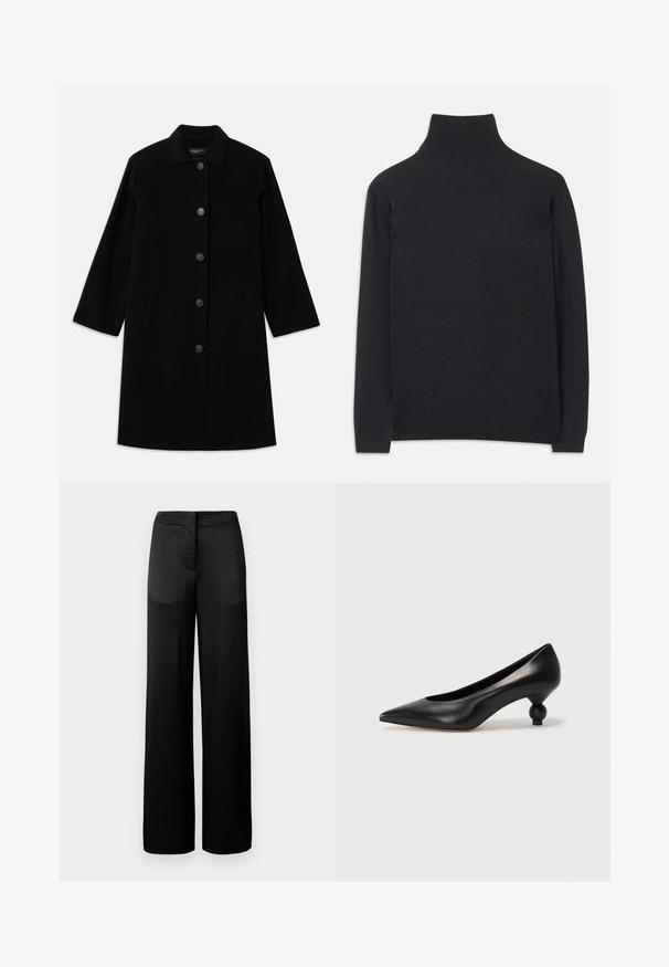 Černý vlněný kabát s rovnými liniemi, zapínáním na knoflíky a jednou náprsní kapsou. Má boční kapsy a rukávy do tří čtvrtin.; Černý rolák vyrobený z měkké tkaniny. Má dlouhé rukávy, vysoký límec a žebrované manžety a lem pro přiléhavý vzhled.; Široké černé kalhoty s texturovaným povrchem, vybavené plochým pasem a dvěma bočními kapsami. Tkanina se zdá být lehká a splývavá.; Černá kožená vysoká bota na podpatku s špičatou špičkou a kulatým, zaobleným podpatkem. Hladká textura s elegantním, minimalistickým designem.
