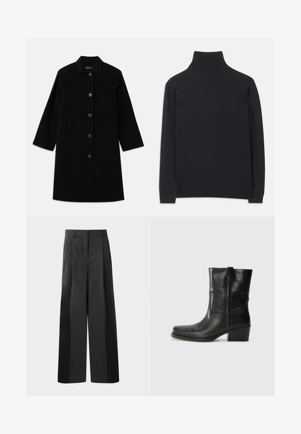 Black wool coat with a straight cut, button closure, and a single chest pocket. Features side pockets and three-quarter sleeves.; Black turtleneck sweater made of soft fabric. Features long sleeves, a high neck, and ribbed cuffs and hem for a fitted look.; Black wide-leg trousers with a high waist, featuring front pleats, a smooth texture, and a tailored finish. Designed for a relaxed fit.; Black leather ankle boot with a rounded toe, block heel, side zipper, and stitching accents on the vamp. Smooth texture, classic design.