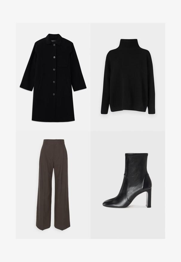 Sort uldfrakke med lige snit, knaplukning og en enkelt brystlomme. Har sidelommer og tre fjerdedele ærmer.; Sort strikket sweater med høj ribstrikket krave, sænkede skuldre og en afslappet pasform. Har ribstrikkede manchetter og kant for struktur.; Mørkebrune brede bukser med høj talje, der har pænt pressede folder, glat overflade og en skræddersyet pasform.; Sorte læder ankelstøvler med et slankt design, spids tå og høj blokhæl. Har en glat overflade og minimalistic syning.