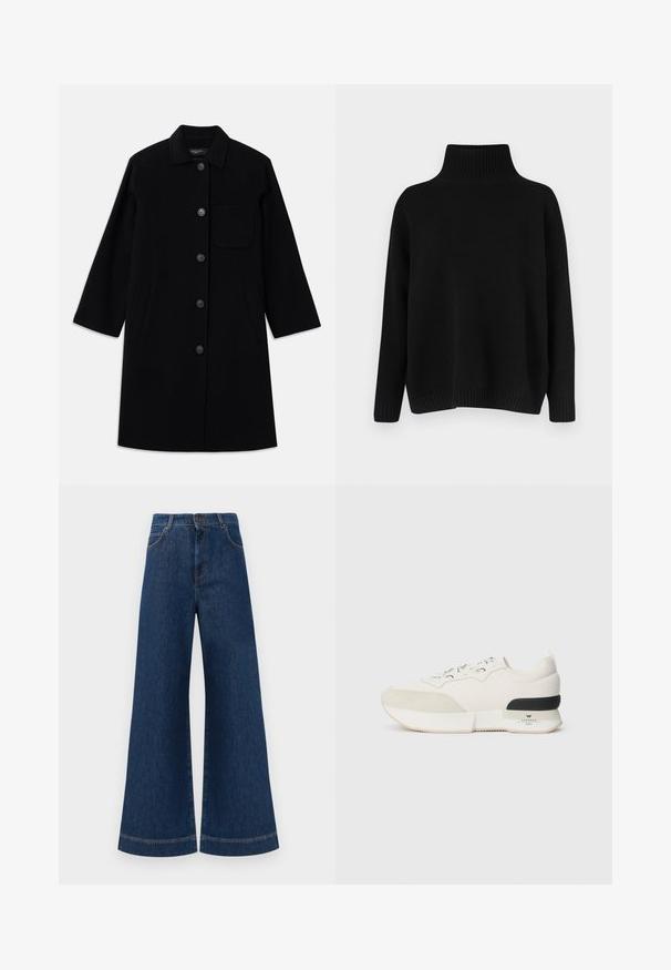 Casaco de lã preto com corte reto, fecho de botões e um único bolso no peito. Apresenta bolsos laterais e mangas a três quartos.; Camisola preta de malha com gola alta canelada, ombros caídos e corte solto. Apresenta punhos e bainha canelados para dar textura.; Jeans azul de perna larga com cintura alta, apresentando um fecho de botão, passantes para cinto e detalhes de costura discretos ao longo dos bolsos e das bainhas.; Sneaker branco com biqueira em camurça texturizada, parte superior em malha lisa, atacadores decorativos e um detalhe na parte de trás em borracha preta.