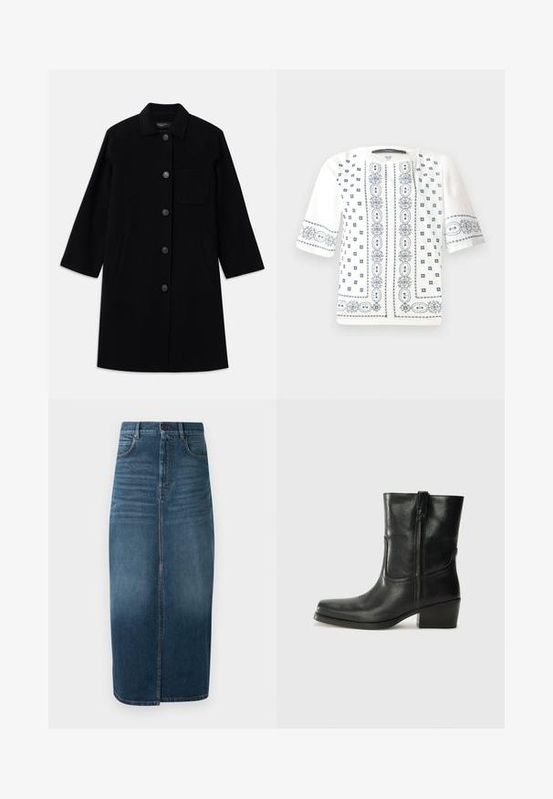 Black wool coat with a straight cut, button closure, and a single chest pocket. Features side pockets and three-quarter sleeves.; White short-sleeve blouse featuring blue floral embroidery, a round neckline, and intricate patterns along the front and sleeves.; Denim midi skirt in dark indigo, featuring a front split and slight fade. Classic five-pocket design with metal button closure.; Black leather ankle boot with a rounded toe, block heel, side zipper, and stitching accents on the vamp. Smooth texture, classic design.