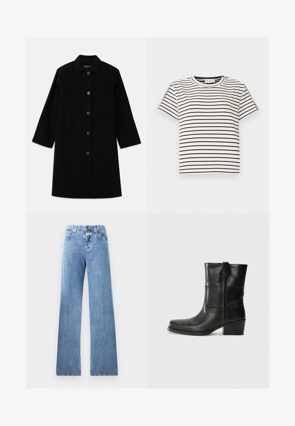 Sort uldfrakke med lige snit, knaplukning og en enkelt brystlomme. Har sidelommer og tre fjerdedele ærmer.; Kortærmet T-shirt i bomuld med rund hals, med sorte lodrette striber på en hvid baggrund og lige snit design.; Lyseblå denim jeans med vid ben-design, fem lommer, bæltestropper og knaplukning. Stofmaterialet har en glat tekstur.; Sort læder ankelstøvle med rundt tå, blokhæl, lynlås i siden og stikninger på vampsiden. Glat tekstur, klassisk design.