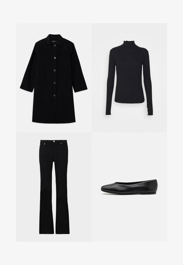 Sort uldfrakke med lige snit, knaplukning og en enkelt brystlomme. Har sidelommer og tre fjerdedele ærmer.; Sort langærmet turtleneck top lavet af glat stof, med en rynket krave og tætsiddende silhuet med enkle kanter.; Sorte bløde jeans lavet af denim, med to frontlommer, knaplukning og en glat tekstur. Signaturstikninger synlige ved sømmene.; Paul Smith TOPANGA - Ballerinasko - black