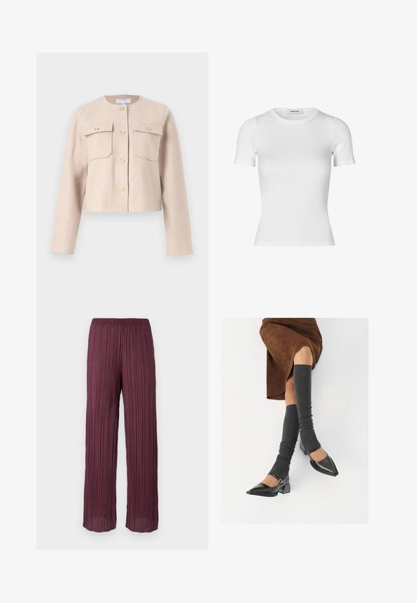 Casaco beige, curto, feito de um tecido suave, com mangas longas, botões dourados e dois bolsos no peito. Gola redonda clássica com um design minimalista.; T-shirt branca de mangas curtas feita de tecido de algodão canelado. Design ajustado com decote redondo e textura suave. Sem padrões ou adornos.; Calças plissadas em bordô profundo com uma faixa elástica na cintura, apresentando um design fluido de pernas largas e pregas verticais por toda a parte.; Sapatos pretos de pele lacada com biqueira pontuda, salto bloco e tiras no tornozelo, combinados com caneleiras cinzas em malha e uma saia de camurça castanha.