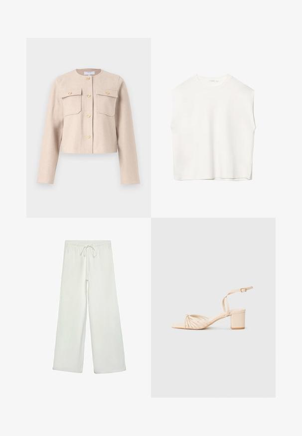 Bež, skrajšan jopič iz mehkega blaga z dolgimi rokavi, zlatimi gumbi in dvema žepoma na prsih. Klasičen okrogel ovratnik z minimalnim dizajnom.; Bela brezrokavna majica z ohlapnim krojem, okroglim izrezom, gladko teksturo in ravnim robom. Preprost dizajn brez vzorcev ali dodatkov.; Bele široke hlače iz mehkega blaga. Imajo elastičen pas s vrvico in gladko teksturo. Brez vidnih vzorcev ali kovinskih delov.; Bež sandale s peto in vezalkami, kvadratnim nosom, zvitom sprednjim dizajnom, trakom okoli gležnja in blok peto. Gladka tekstura, minimalistični slog.