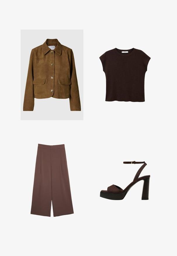 Rjav zamšast jakna s ovratnikom, sprednjim gumbom in dvema žepoma na prsih. Ima skrajšano obliko in gladko teksturo.; Rjava kratka majica s kratkimi rokavi in okroglim ovratnikom, izdelana iz teksturiranega materiala. Ima sproščen kroj in rahlo valovit rob. Čist, minimalističen dizajn.; Rjave široke hlače z gladko teksturo, ki imajo visok pas in sprednje naborke. Tkanina je lahka in prosto pada.; Rjave semiš sandale z visoko peto, odprto spredaj, z nastavljivim gležnjenjem in črtastim podplatom.