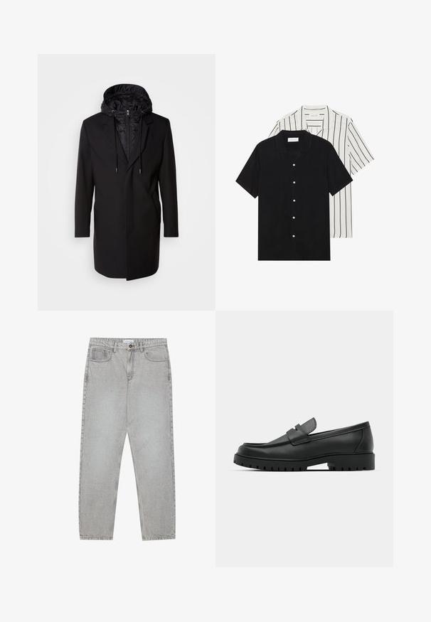 Crni kaput s odvojivom podstavljenom kapuljačom, zatvaranjem na patentni zatvarač, bočnim džepovima i krojem koji prati liniju tijela. Glatka textura i čiste linije kroz cijeli kaput.; Dva kratka rukava košulje: jedna potpuno crna, a druga bijela s crnim okomitim prugama. Obje imaju dugmad i klasični ovratnik.; Svijetlosivi traper hlače s ravnim nogavicama, stilom s pet džepova i kopčanjem na gumb. Vidljivo šivenje duž šavova.; Crne kožne mokasine s zaobljenim vrhom, s ušivenim dizajnom, niskom platformom i teksturiranim, gumenim potplatom s izbočinama.