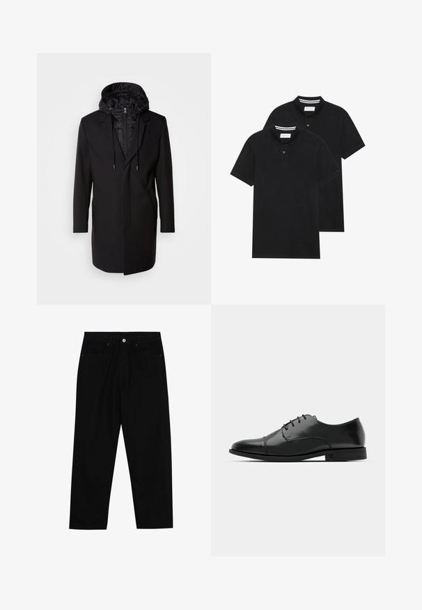 Juodas paltas su nuimamu paminkštintu gaubtu, užtrauktuku, šoniniais kišeniais ir pritaikyta forma. Lygus tekstūravimas ir tvarkingos linijos visame gaminyje.; Du žaidimų juodos polo marškiniai, trumpomis rankovėmis, pagaminti iš medvilnės, su klasikinėmis apykaklėmis, dviem mygtukais priekyje ir baltais dryžiais apykaklės viduje.; Juoda džinsinė kelnė su tiesiu kirpimu, penkių kišenių dizainu ir priekiniais mygtukais. Lygus paviršius su minimaliu siuvimo detalėmis.; Juodas odinis džinsinis batų modelis su apvaliu galiuku, raišteliu ir subtiliomis siūlėmis, taip pat žemu kulnu. Lygus pavirčius su blizgiu apdaila.