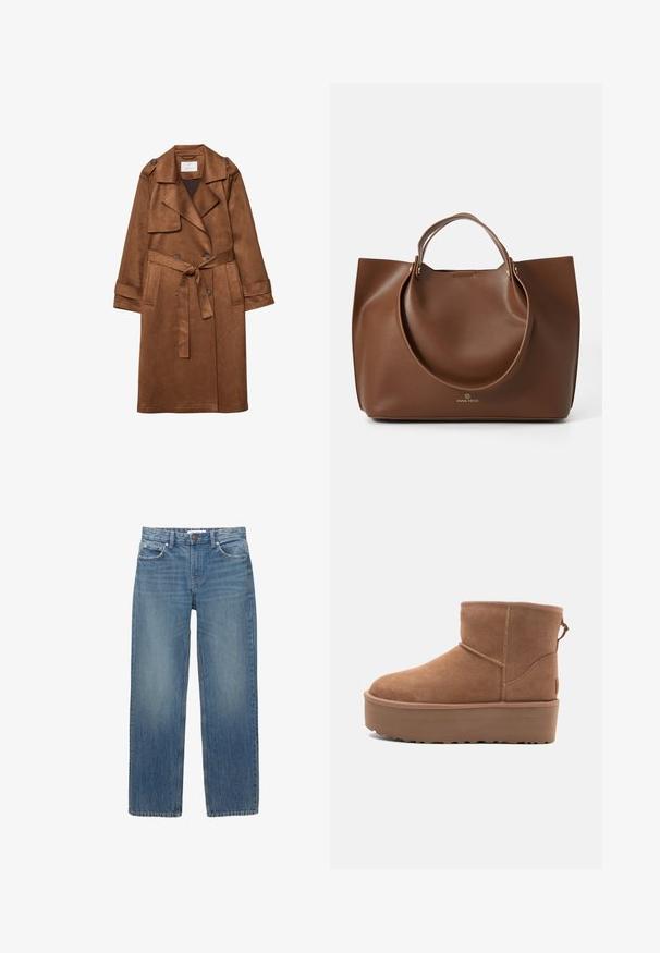 Brun falsk suede trenchcoat med dobbeltknap-front, bælte i taljen, store klapkraver og sidelommer. Har knapdetaljer.; Marine striktrøje med et broderet teddy bear-design med et flag, denim blå jeans og brune sko. Rød logo på kanten.; Lysblå denimjeans med lige snit, fem lommer og hardware i kobberfarve. Stoffet har en let falmning og en glat tekstur.; Tan ruskinds ankelstøvle med platformssål, rund tå og syninger; har en løkke bagpå for nem påtagning.; Brun læder tote bag med en glat tekstur, store runde håndtag, prydet med minimalistisk design og logo prentet på bunden.