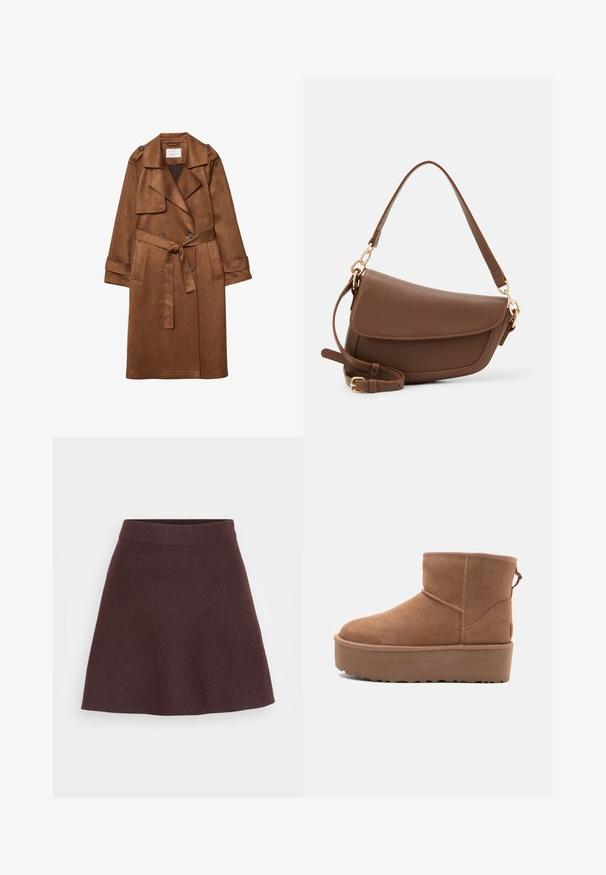 Brun falsk suede trenchcoat med dobbeltknap-front, bælte i taljen, store klapkraver og sidelommer. Har knapdetaljer.; Beige strikket sweater med rund hals, lange ærmer og ribkant. Blødt, tekstureret stof med en afslappet pasform.; Bordeaux strikskørt med en svajet design, bredtalje og glat tekstur, der har en ensfarvet uden mønstre eller accenter.; Tan ruskinds ankelstøvle med platformssål, rund tå og syninger; har en løkke bagpå for nem påtagning.; Brun læder skuldertaske med en tekstureret overflade, buet form, guldfarvet hardware, justerbar rem og klaplukning.