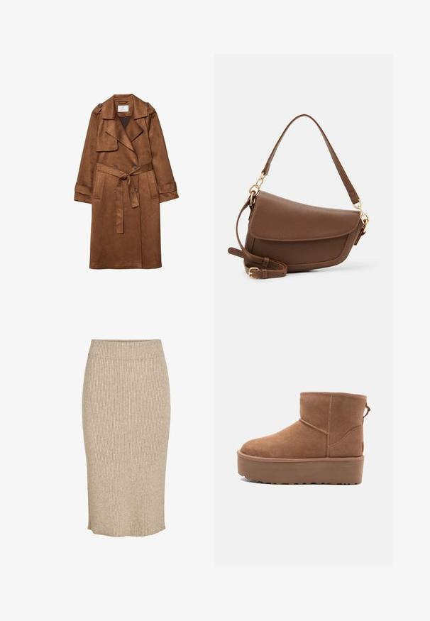 Brun falsk suede trenchcoat med dobbeltknap-front, bælte i taljen, store klapkraver og sidelommer. Har knapdetaljer.; Anna Field Striktrøje - grey; Strik nederdel i en lys beige farve med lodret ribbestruktur, knælang med elastisk talje og lige skæring.; Tan ruskinds ankelstøvle med platformssål, rund tå og syninger; har en løkke bagpå for nem påtagning.; Brun læder skuldertaske med en tekstureret overflade, buet form, guldfarvet hardware, justerbar rem og klaplukning.
