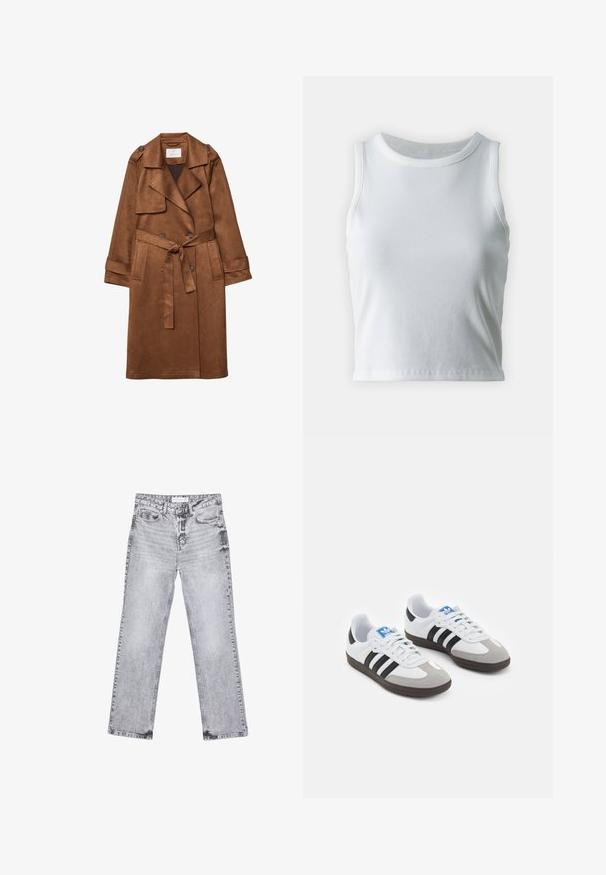 Brahna umetna ante mrena plašč z dvojnim zapenjanjem, pasom, velikimi ovratniki in stranskimi žepi. Ima dodatke z gumbi.; Bela rebrasta majica brez rokavov z okroglo izrezom, s pravo hem in gladko, elastično strukturo.; Sive traperice z ravnim krojem, z obdelanimi detajli, petimi žepi in bakrenimi zakovicami. Pas ima oznako z logotipom.; Športni čevlji z belim usnjenim zgornjim delom, sivim semišem na prstih in tremi črnimi črtami. Imajo modro logo na jeziku in teksturiran gumijast podplat.