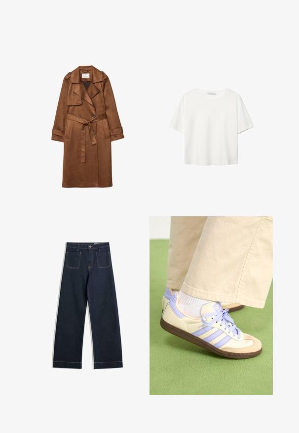 Smeđa faux suede kaput s dvostrukim kopčanjem, remenom u struku, velikim reverima i bočnim džepovima. Sadrži akcentne dugmadi.; Bijela majica kratkih rukava od pamuka. Ima okrugli izrez i opušteni kroj. Glatka tekstura bez vidljivih uzoraka ili naglasaka.; Tamno plave široke traperice od denima s kontrastnim svijetlosmešavim šavovima, dva stražnja džepa i zatvaranjem na gumba u struku.; Kremasto-ljubičaste tenisice s tri pruge i strukturiranim smeškim potplatom, s vezicama i podstavljenim petom. Mekana gornja tkanina.