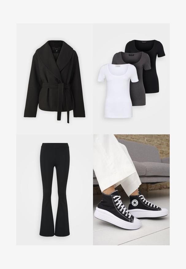 Vero Moda Tall VMANNE BERGEN JACKET - Jachetă subțire - black; Trei tricouri ajustate, în alb, gri și negru. Fiecare are un decolteu larg în formă de cerc și mâneci scurte. Fabricate dintr-un material neted și elastic.; Pantaloni negrii evazați dintr-un material elastic, având un talie înaltă și o textură netedă. Pantalonii se lărgesc de la genunchi.; Adidași negri înalți cu tălpi și șireturi albe din cauciuc. Prezintă o pată logo rotundă și cusături albe contrastante. Material din pânză.