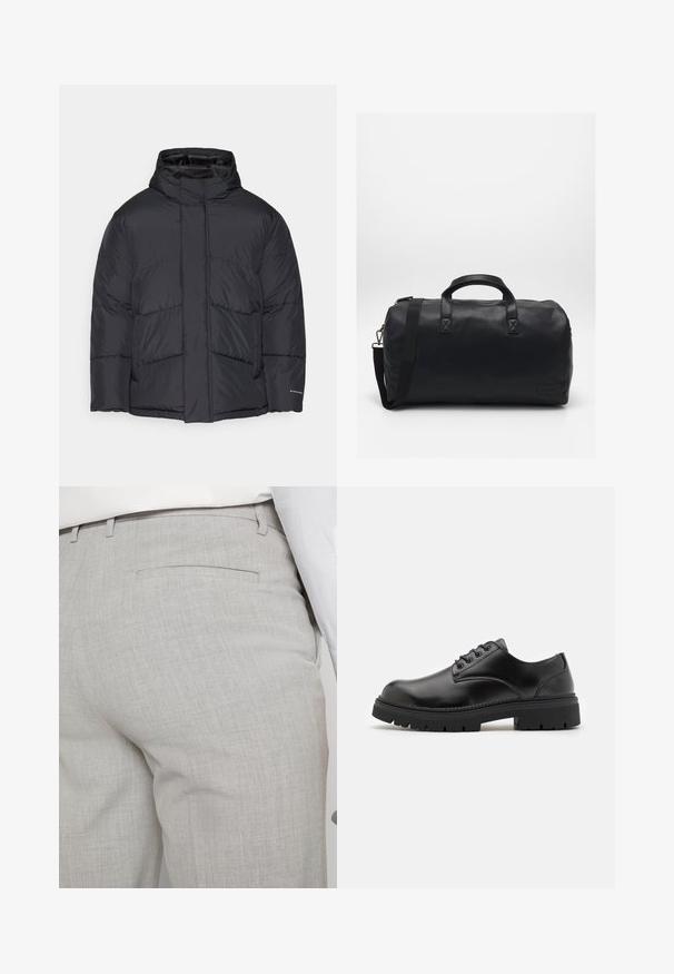Jack & Jones JJWORLD PUFFER JACKET - Winter jacket - black; Black turtleneck sweater made of soft material, featuring long sleeves and a snug fit. Ribbed trim at the hem and cuffs. Simple design.; Light gray tailored trousers made of textured fabric, featuring a single back pocket and clean stitching.; Black leather shoes with a rounded toe, lace-up design, and a thick, textured rubber sole. Features stitching along the edge and a smooth finish.; Black duffel bag made of textured synthetic material. Features two handles and an adjustable shoulder strap. Simple design with no visible patterns.